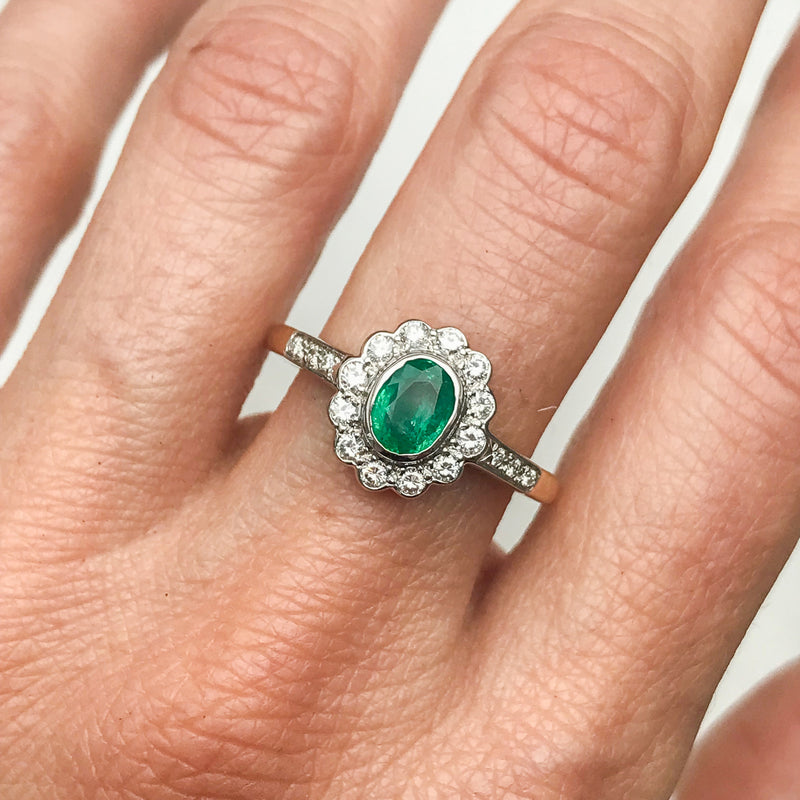 Clara vintage emerald and diamond cluster engagement ring