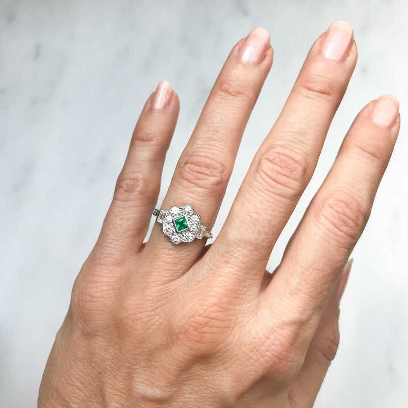 Darcy vintage emerald and diamond cluster engagement ring