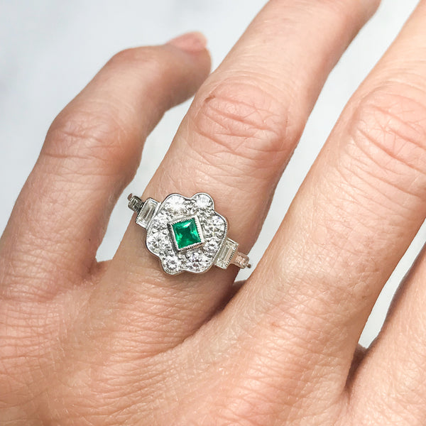 Darcy vintage emerald and diamond cluster engagement ring