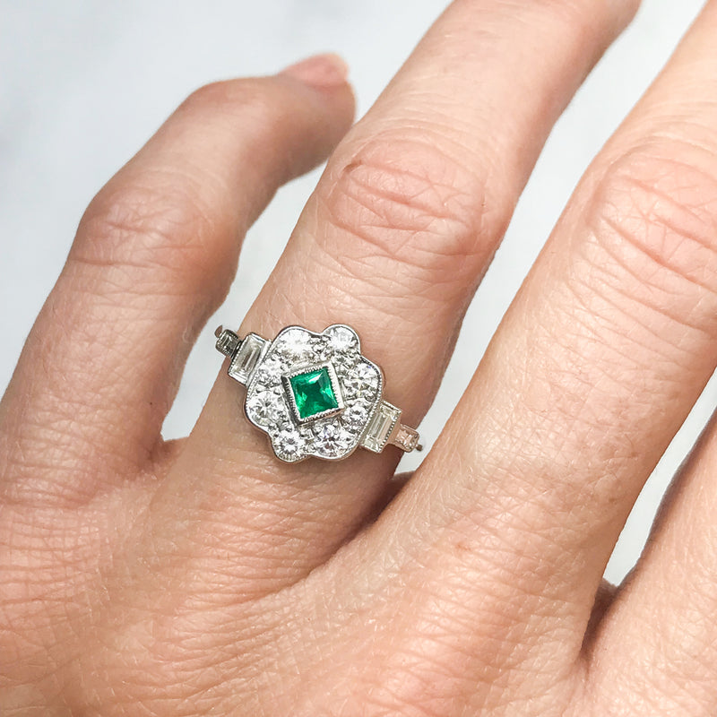 Antique Emerald Diamond Daisy Ring. Emerald & Diamond Engagement Ring,  Flower Cluster Shape in 18 Carat & Platinum. - Addy's Vintage