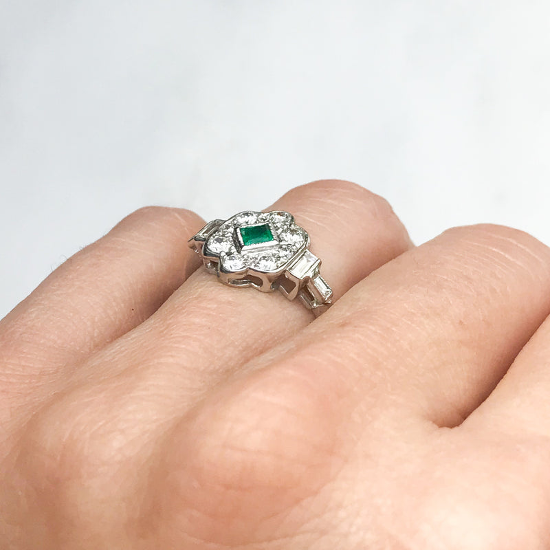 Darcy vintage emerald and diamond cluster engagement ring