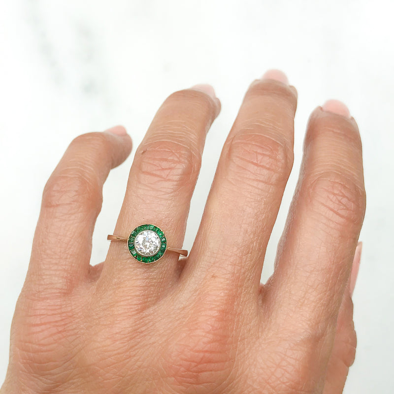 Estelle antique diamond and emerald Art Deco Target ring