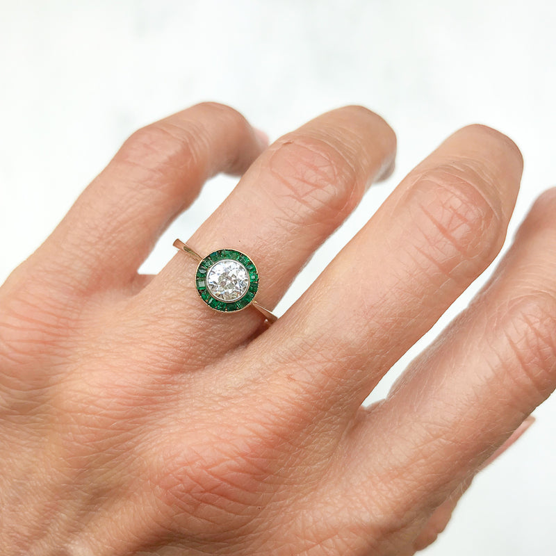 Estelle antique diamond and emerald Art Deco Target ring