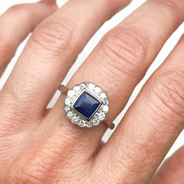Ophelia vintage sapphire and diamond cluster engagement ring